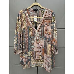 Melissa Paige Top Multicolor 3/4 Sleeves Pullover Beaded Neckline Sz 3X Artsy